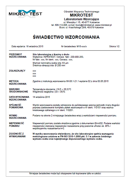 Świadectwo wzorcowania, pomiaru